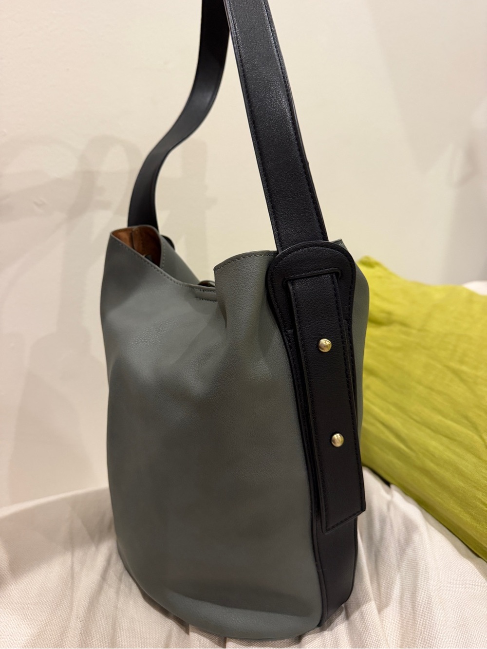 By Anthropologie Gray Vegan Leather Bucket Bag with Black Strap